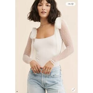 Intimately Free People Tongue Tied Bodysuit Ivory Size Small Sheer Lace Sleeves